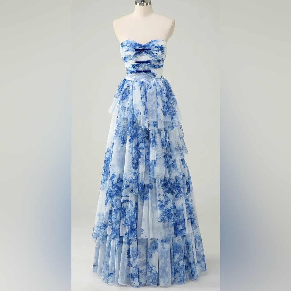 Elegant Blue Floral Strapless Prom Dress